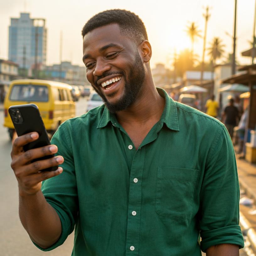 A smiling man checking his phone