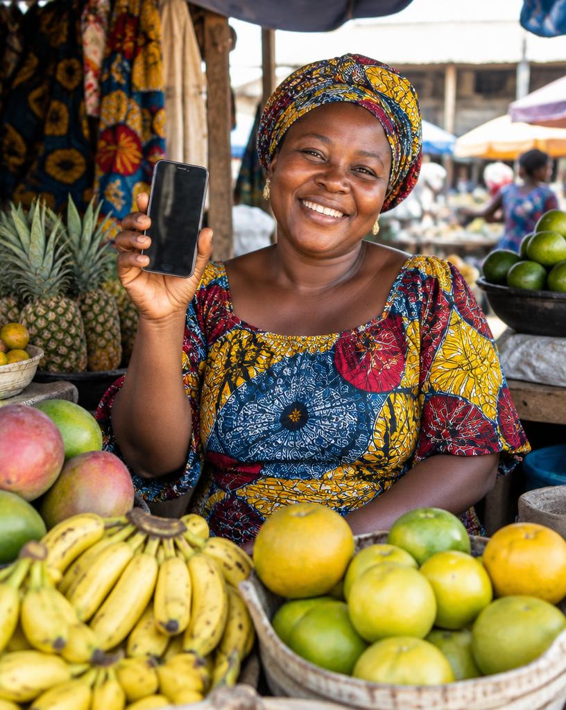 A happy Nigerian trader holding her phone