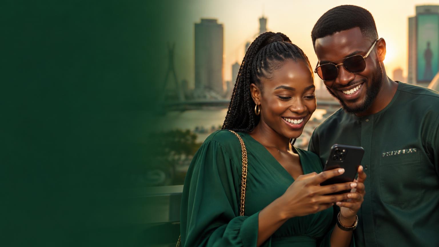A happy Nigerian couple smiling at a phone in Lagos